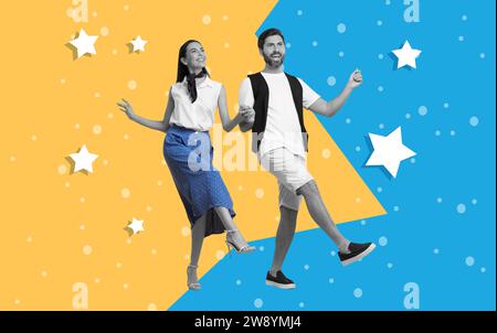 Glückliches Paar, das auf hellem Hintergrund tanzt. Kreative Collage mit stilvollem Mann und Frau. Konzept von Musik, Party, Mode, Lifestyle Stockfoto