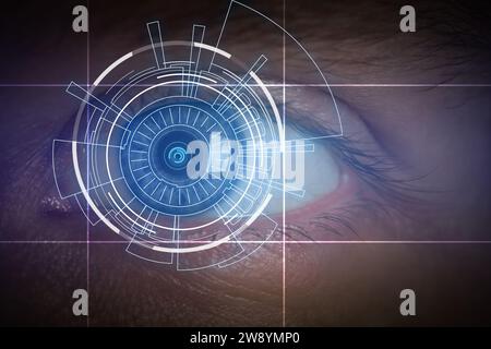 Gesichtserkennung und Iriserkennung. Mann mit digitalem biometrischem Scan, Nahaufnahme Stockfoto