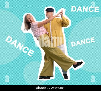 Glückliches Paar, das auf hellem Hintergrund tanzt. Kreative Collage mit stilvollem reifem Mann und Frau. Musik, Energie, Party, Mode, Lifestyle Stockfoto