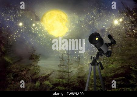 Astronomie. Blick auf den wunderschönen Sternenhimmel mit Vollmond bei Nacht durch Teleskop Stockfoto