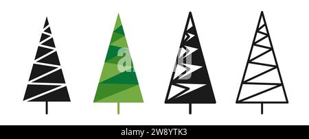 Zeichentrick und Kritzelei mit Weihnachtsbaumsymbolen, Stilzeichen mit Stempel. Neujahr Weihnachten traditionelles Kiefernholz einfaches Design für Grußkarte, Einladung, Banner. Abstrakter Vektor der geometrischen Weihnachtsbäume Stock Vektor