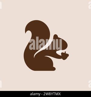 Ein Logo mit der Silhouette eines Eichhörnchens, das eine Eichel hält. Stock Vektor