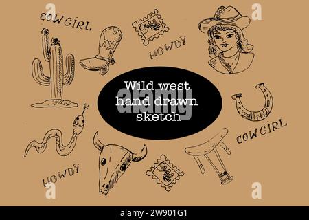 Wild West Cowboy oder Cowgirl Hand gezeichnetes Vektorset. Kontur der Vektorabbildung. Set enthält Cowgirl, Kakteen, Hufeisen, Schädel von Tieren, Briefmarke, Sattel, Schlange. Stock Vektor