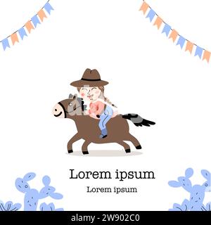 Cowgirl Kids Party Banner oder Poster im Cartoon Stil. Vektordarstellung isoliert. Geeignet für Geburtstagseinladungen für Kinder, Festgestaltung. Stock Vektor