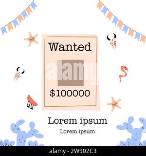 Cowboy und Cowgirl Kinder Party Banner oder Poster. Vektor-Illustration in flachem Cartoon-Stil. Geeignet für Geburtstagseinladungen für Kinder. Stock Vektor