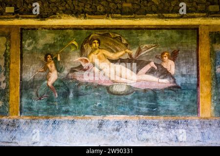 Gemälde in der Casa della Venere in Conchiglia in der archäologischen Stätte von Pompeji, einer antiken Stadt, die durch den Ausbruch des Vesuv in zerstört wurde Stockfoto