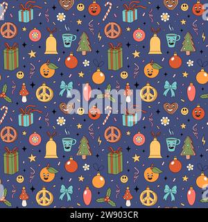 Weihnachtliches Muster mit groovigen Elementen. Groovige Hippie-Textur mit Weihnachtsgegenständen im Retro-Stil der 70er Jahre. Vektor Hand gezeichnete Illustration auf dunkelblauem Hintergrund. Stock Vektor