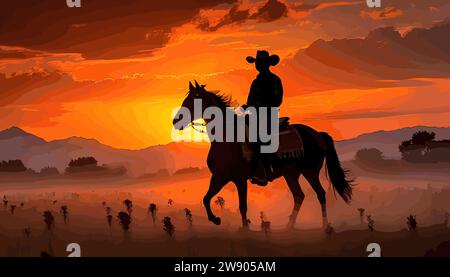 Silhouettenkunstbild eines Cowboys, der auf einem weiten Feld auf einem Pferd reitet Stock Vektor