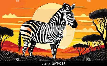 Das Zebra-Kunstleben in der Natur, Blockdruck-Stil Stock Vektor