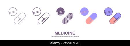 Medizin-Icon-Vektor-Design mit editierbarem Vektor. Kapselsymbol mit 5 verschiedenen Stilen. Abbildung der Pille. Vektorabbildung EPS Stock Vektor