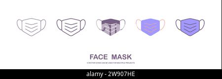 Symbol für Hygiene- und Schutzmaske mit Atemschutzmasken. Gesichtsmaske mit 5 verschiedenen Stilen. Umrissstil Stock Vektor