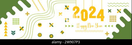 Happy New Year 2024 Textdesign mit moderner Kalligraphie auf einem sauberen weißen Hintergrund. Kreatives Grußkartenbanner für 2024, präsentiert in einem neuesten VEC Stock Vektor