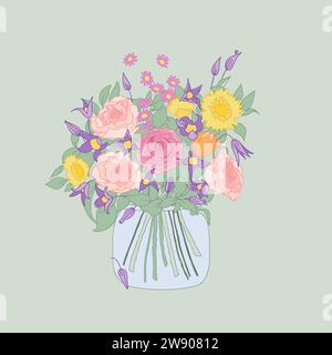 Ein wunderschöner Rosenstrauß in einer Glasvase auf grünem Hintergrund im Stil einfacher, farbenfroher Illustrationen. Stock Vektor