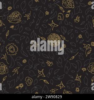Goldene Rosen auf schwarzem Hintergrund, dezente Farbtöne, zarte Konturen, organische Konturen. Stock Vektor