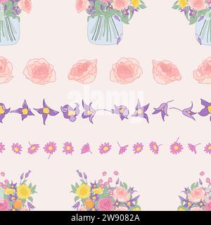 Sommerblumen in Reihen auf hellrosa Hintergrund angeordnet. Weiches und traumhaftes nahtloses Muster. Stock Vektor