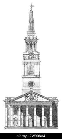 Vintage 1854 Gravur der Vorderfassade von St. Martin-in-the-Fields-Kirche, Trafalgar Square, London. Stockfoto