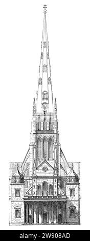 Vintage 1854 Gravur der Westfront der Old St. Paul's Cathedral, zerstört beim Großen Brand von London 1666. Stockfoto