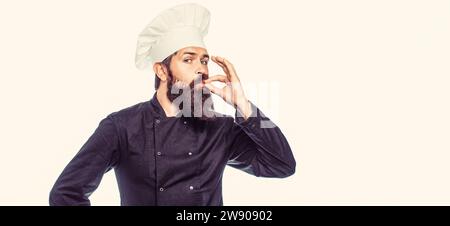 Bärtige Köche, Köche oder Bäcker. Koch, kochen Sie köstliche Gesten, indem Sie Finger küssen. Kochmütze Stockfoto