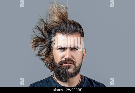 Halb rasiert. Schöner junger Mann mit halb rasiertem Gesicht. Mann mit einem Bart auf der Hälfte des Gesichtes. Bart, rasieren Sie sich vorher, danach. Langes Barthaar Stockfoto