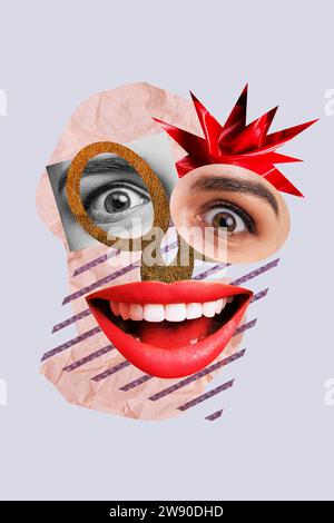 Vertikales Collagebild verschiedene Gesichtsteile geteiltes Mosaik psychedelisches Konzept bipolare Störung psychische Gesundheit Krankheit fragmentierte Elemente Stockfoto