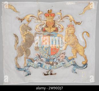 Banner eines der schottischen Regimenter, Anonym, ca. 1747 Rot, in der Mitte die Waffe des Königs von England Hannover, umgeben vom Strumpfhosenorden, gehalten von einem gekrönten Leoparden, und ein Einhorn mit einer goldenen Krone um den Hals, von der eine goldene Kette abhängt (bzw. Symbol aus England und Schottland). Darüber ein Helm mit geschlossenem Visier, auf dem eine Krone mit drei gepflasterten Halterungen und ein liegender Leopard darauf steht (Helmzeichen von England). Der Helm ist von symmetrischen dekorativen Lobpreisen umgeben, die sich über den Trägern erstrecken. Unter der Waffe befindet sich ein symmetrisches c Stockfoto