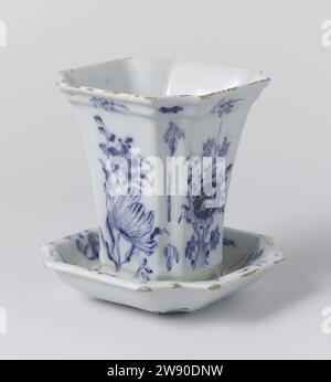 Zwei Blumentöpfe und Untertassen Blumentopf, Square Blumentopf blau bemalten Fayencen, mit Wellenschliff Ecken. Blumen sind auf einem bläulich-weißen Hintergrund gemalt. Der Topf ist mit den Buchstaben VB, anonym, Delft, C. 1750