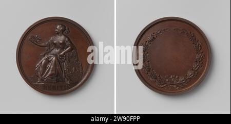 Gesellschaft Felix Meritis, Laurent Joseph Hart, Auszeichnung Bronzemedaille 1839. Vorderseite: Frau, die auf dem Thron sitzt, an der das Wappen in ihrem linken Rosenkranz und einen Lorbeerkranz in ihrer großen rechten Hand hält; Schnitt: Inschrift. Rückseite: Blanco Feld innen Kranz aus Olivenzweigen Bronze (Metall) markant (Metallbearbeitung) Amsterdam Stockfoto