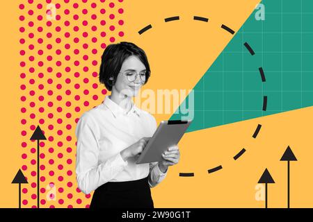 Kreatives Collage Bild Panorama aufgeregt glücklich fröhlich junge Damen Gentleman Schnelllauf Sprungarbeit harte Teamarbeit Kritzeleien beige Hintergrund Stockfoto