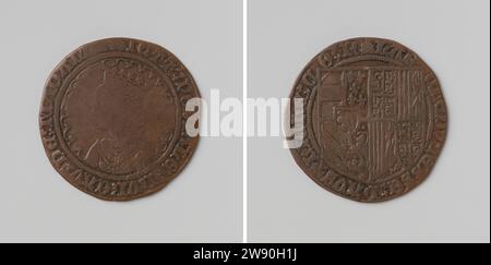 Heirat von Philip de Schone, Herzog von Burgund mit Johanna, Prinzessin von Kastilien, Berechnung des Amtes der Erzherzogin, Anonym, 1496 Kupfermedaille. Vorderseite: Bruststück der gekrönten Frau im Inneren des Deckels. Rückseite: Wappen innen Abdeckung Kupfer (Metall) Schlagkraft (Metallbearbeitung) Stockfoto