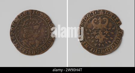 Heirat von Philip de Schone, Herzog von Burgund, mit Johanna, Prinzessin von Kastilien, Berechnung der Münzmeister von Flandern, Anonym, 1496 Kupfermedaille. Vorderseite: Bruststück gekrönter Mann in verschiedenen Bögen bestehend aus Kreis und Wechsel. Umkehrung: Brandlag, wo Funken aus verschiedenen Bögen des bestehenden Kreises und Umkehrflandern aus Kupfer (Metall) auffallend (Metallbearbeitung) Flandern eindringen Stockfoto