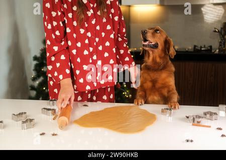 Lebkuchen zu Weihnachten machen. Ein Hund des Golden Retriever. Stockfoto