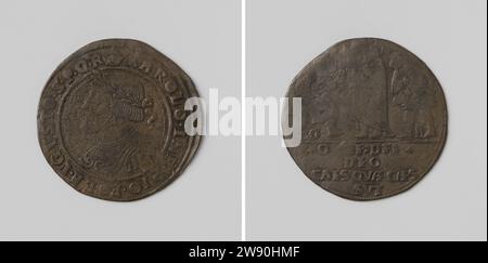 Aktuell der Aufstand in Gent, Kalkulationsmedaille zu Ehren von Karel V., Deutscher Keizer, Anonym, 1540 Live-Kupfermedaille. Vorne: Brustschmuck Mann mit Lorbeerkranz im Wechsel. Abwärts: Christus, zwischen zwei Pharmeern stehend; zwischen drei Figuren in den Buchstaben G und B; Schnitt: Inschrift Belgien Kupfer (Metall) streikend (Metallverarbeitung) Gent Stockfoto