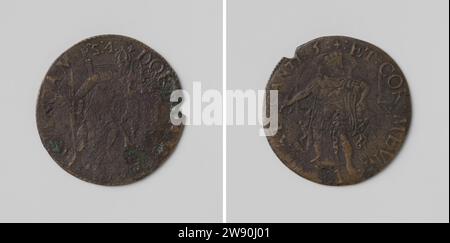 Vigilanz von Karel V., deutscher Keizer, Anonym, 1544 Live-Kupfermedaille. Vorderseite: Porträt Karel V, mit Schwert in der rechten Hand, das im Stuhl schläft. Rückseite: Porträt von Karl V., mit einem Zepter in der rechten Hand aus dem Stuhl, innen bedeckt Kupfer (Metall), auffällig (Metallbearbeitung) Stockfoto