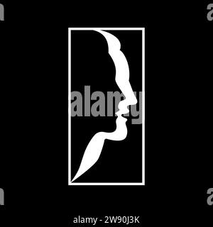 Logo-Silhouetten von Gesichtern von Mann und Frau zusammen in einem Rahmen auf schwarzem Hintergrund. Isolierte Vektordarstellung. Stock Vektor