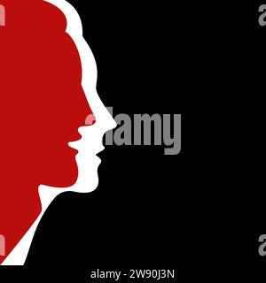Silhouetten von Gesichtern von Mann und Frau zusammen auf schwarzem Hintergrund. Rote und weiße Farben. Vektorabbildung. Stock Vektor