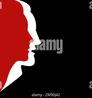 Silhouetten von Gesichtern von Mann und Frau zusammen auf schwarzem Hintergrund. Rote und weiße Farben. Vektorabbildung. Stock Vektor