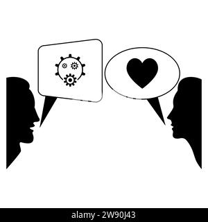 Dialog zwischen Mann und Frau mit Sprechblasen. Das Konzept des unterschiedlichen Denkens zwischen Mann und Frau. Schwarze Silhouetten von Gesichtern. Stock Vektor