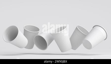 Set aus Einweg-Partybecher aus Kunststoff, isoliert auf einfarbigem Hintergrund. 3D Gläser zum Mitnehmen für Saft, frisches Bier Stockfoto