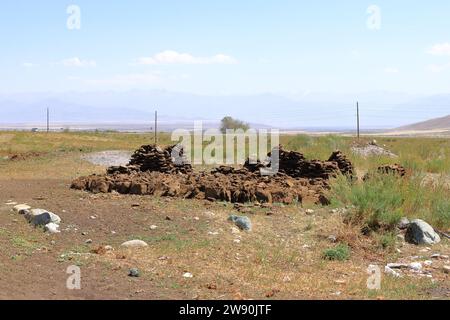 Ein großer Dunghaufen als Heizbrennstoff auf einer Pferdefarm in Kirgisistan in Zentralasien Stockfoto