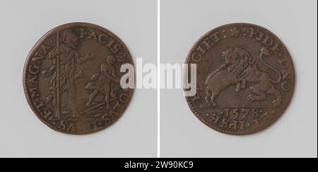 Erfolg im Kampf gegen Spanien, Anonym, 1578 Live-Kupfermedaille. Vorne: Goliath mit Speer in voller Rüstung und David mit seinem Pendel innen. Reverse: Der niederländische Löwe entspringt spanischem Wildschwein über dem Jahr in Omnipia Dordrecht Kupfer (Metall) auffallend (Metallverarbeitung) Stockfoto