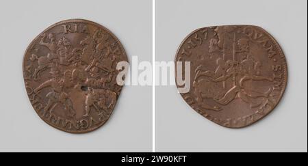 Warnung vor den Friedensverhandlungen in Köln, Gerard van Bylaer, Kupfermedaille 1579 live. Front: Zwei Reiter und zwei Soldaten zu Fuß zusammen in einer Schlacht im Inneren. Reverse: Zwei Leichen, deren Köpfe in der Overschruise Dordrecht Kupfer- (Metall-) Streik- (Metallbearbeitung) Köln auf den Stab gelegt wurden Stockfoto