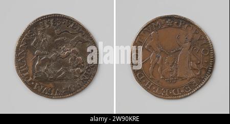 Reflexion durch den Generalstaatsanwalt von Philipp II., König von Spanien, als Landesfürst der Niederlande, Gerard van Bylaer, 1583 Live-Kupfermedaille. Vorderseite: Auf Anweisung von Philipp II., dargestellt als beobachtender Mann mit Krone und Zepter, bindet kniende spanische Soldaten Füße von sitzender Frau, die die Niederlande repräsentiert; im Hintergrund kommt der niederländische Löwe zur Rettung. Der Nachteil: Mann, der Willem van Oranje vertritt, und Frau mit Freiheitshut, die die Niederlande repräsentiert; zwischen den beiden: Liegender niederländischer Löwe und gebrochene Bojen, die in Dordrecht Kupfer (Metall) verdecken (Metallverarbeitung) Stockfoto