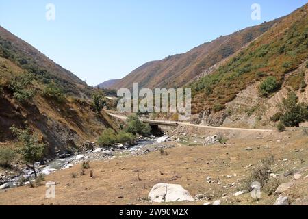 Die Landschaft am Fluss Urumbash in der Nähe des Kaldamanenpasses zwischen Arslanbob und Kasarman in Kirgisistan, Zentralasien Stockfoto