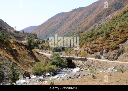 Die Landschaft am Fluss Urumbash in der Nähe des Kaldamanenpasses zwischen Arslanbob und Kasarman in Kirgisistan, Zentralasien Stockfoto