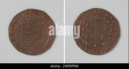 Philipp IV., König von Spanien, Anonym, 1627 Live-Kupfermedaille. Vorderseite: Gekröntes Wappen, hängt mit der Reihenfolge des Goldenen Vlieses in der Abdeckung. Umgekehrt: Hand aus Wolken hält Peillood, wo vier Sturmwinde gegen die Luft in Kerschrift Antwerpen Kupfer (Metall) schlagen (Metallverarbeitung) Stockfoto