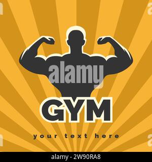 Gym-Logo präsentiert posierenden athletischen Mann isoliert auf gelbem Hintergrund Vektor-illlustration. Es wurde keine AI verwendet. Stock Vektor