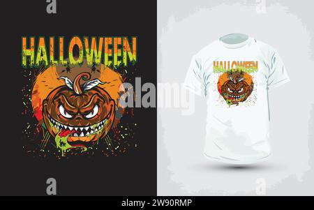 Happy Pumpkins Halloween T-Shirt-Design. Spezielles Halloween-T-Shirt mit farbenfrohem, traditionellem Kürbisdesign in Orange. Stock Vektor