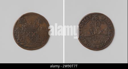 Antoine Ferdinand de Brouckhoven, dreiundvierzig Tage Intendant von Brüssel, Anonym, 1668 Live-Kupfermedaille. Vorderseite: Gekröntes Wappen, flankiert von zwei Löwen mit Banner. Nachteile: erzengel Michael mit Schwert und Schild in den Händen, auf dem Boden am Ufer des Kanals stehend; im Vordergrund: Schiff innerhalb der Omnipia Brüssel Kupfer (Metall) streikend (Metallverarbeitung) Willebroekse Vaart Stockfoto