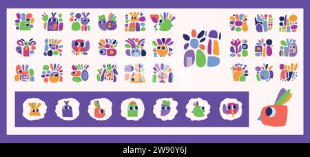 Schlichte Kollektion mit Illustrationen aus Kreaturen und Blättern im auffälligen Stil für Kinder mit lustigem Grafikdesign. Skurrile bunte Vektorzeichnung im fröhlichen Folklore-Stil Stock Vektor