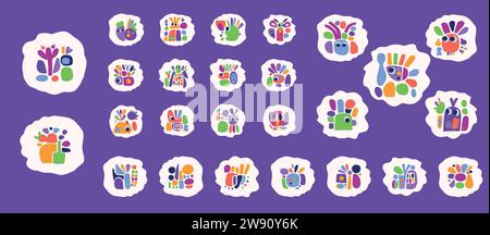 Schlichte Kollektion mit Illustrationen aus Kreaturen und Blättern im auffälligen Stil für Kinder mit lustigem Grafikdesign. Skurrile bunte Vektorzeichnung im fröhlichen Folklore-Stil Stock Vektor